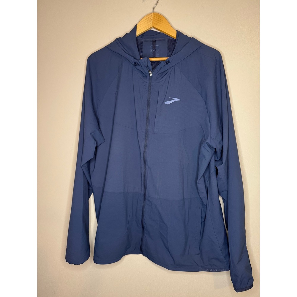Brooks Canopy Running Jacket Mens XL Navy Blue Windbreaker Hooded 211385